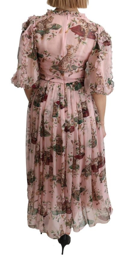 Dolce & Gabbana Elegant Pink Bengal Cat Print A-Line Maxi Dress