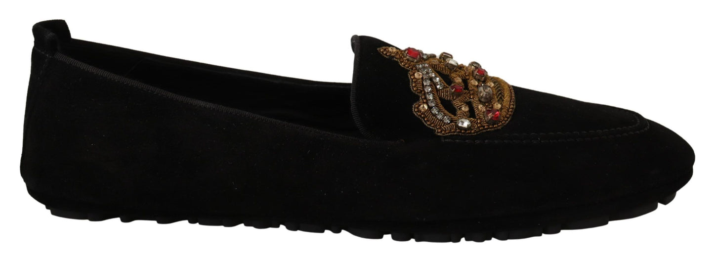 Dolce & Gabbana Elegant Black Leather Loafer Slides with Gold Embroidery