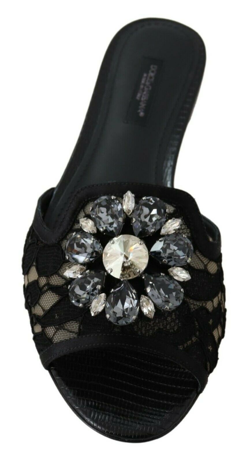 Dolce & Gabbana Elegant Black Lace Mules with Jewel Flower Detail