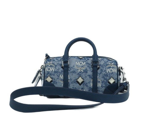 MCM Boston Mini Blue Vintage Jacquard Logo Fabric Satchel Crossbody Handbag