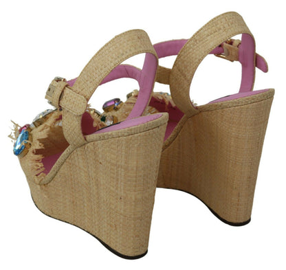 Dolce & Gabbana Beige Silk Strap Wedge Sandals