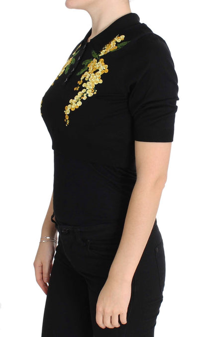 Dolce & Gabbana Elegant Black Silk Floral Polo Top