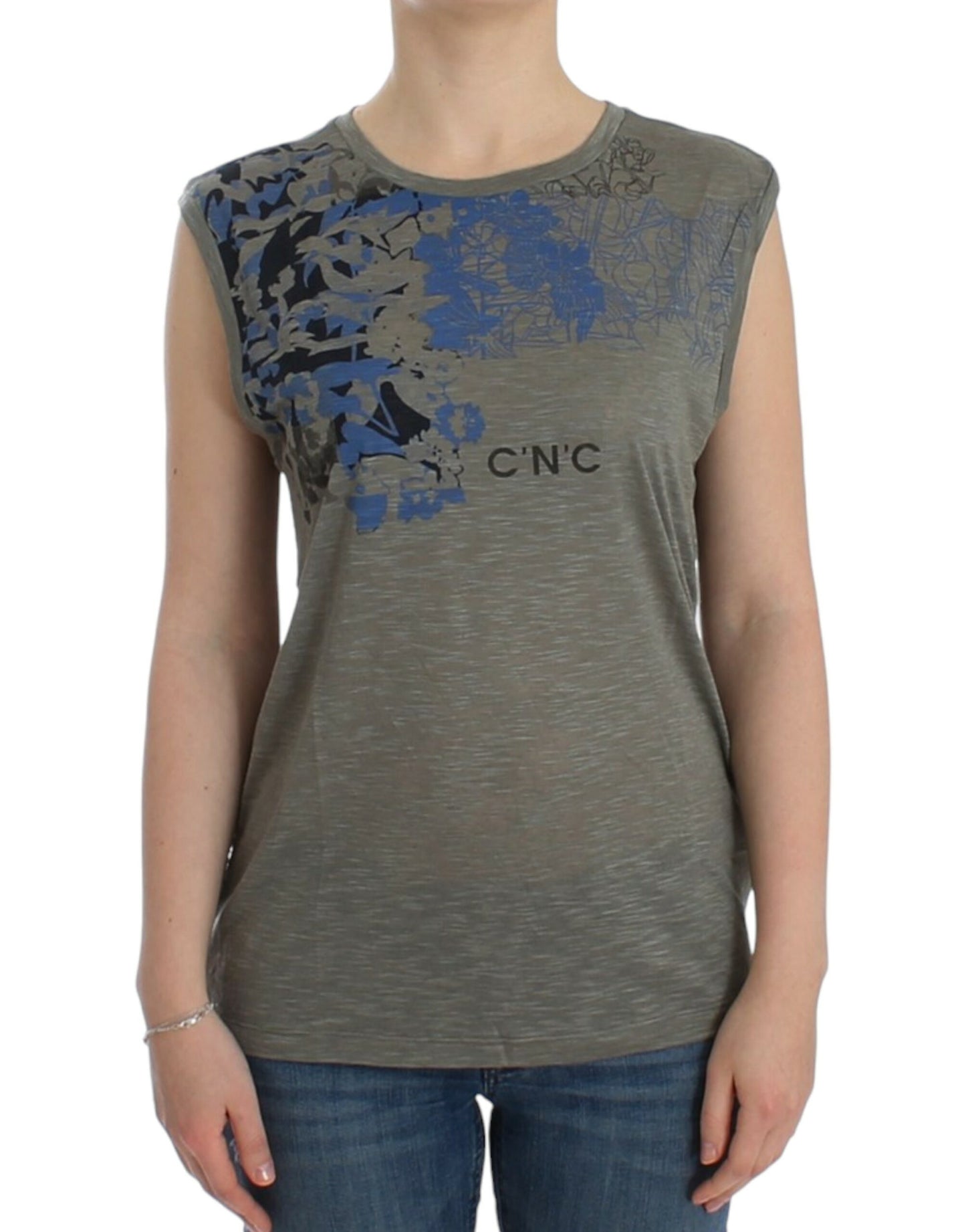 Costume National Chic Sleeveless Gray Top with Blue Detailing