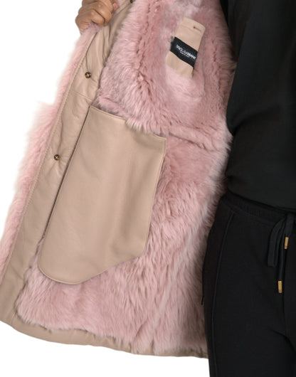 Dolce & Gabbana Beige Pink Lamb Leather Shearling Coat Jacket