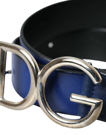 Dolce & Gabbana Blue Leather Silver Metal Logo Buckle Belt Men