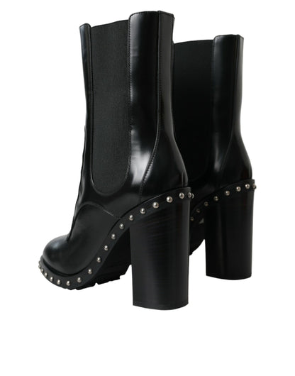 Dolce & Gabbana Black Leather Studded Lace Up Boots Shoes