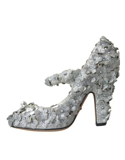 Dolce & Gabbana Silver Floral Crystal Mary Jane Pumps Shoes