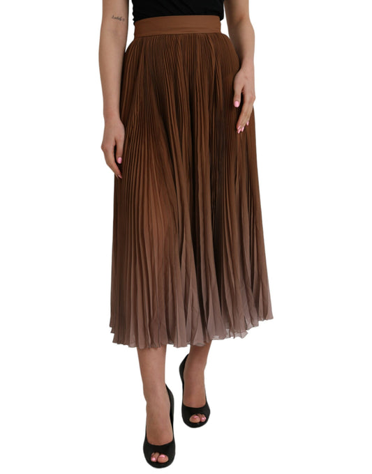 Dolce & Gabbana Brown Polyester Pleated High Waist Midi Skirt