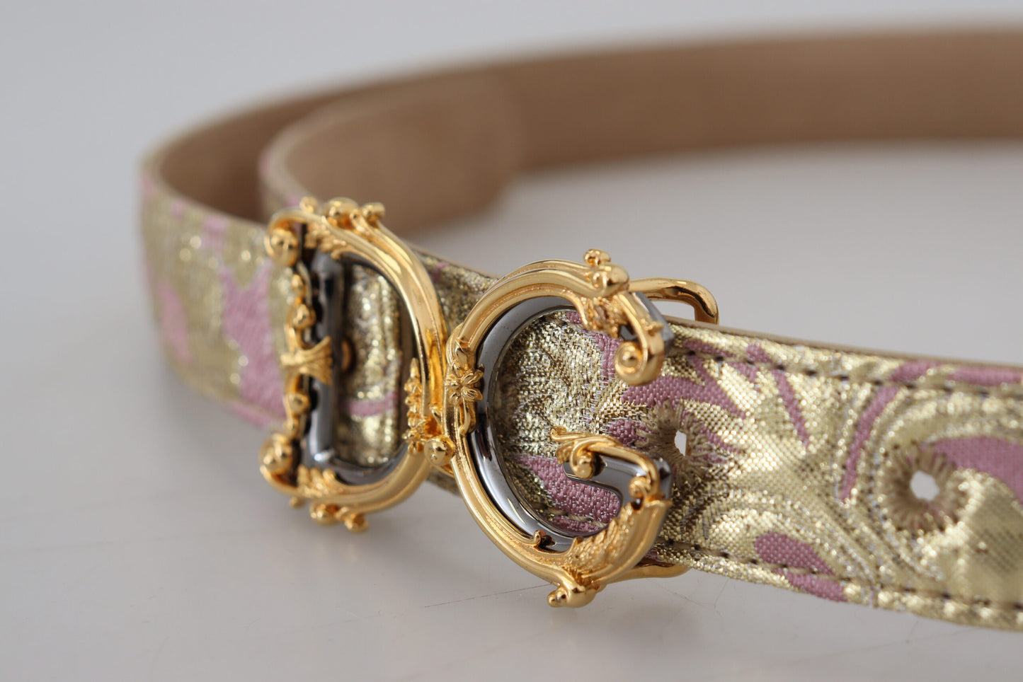 Dolce & Gabbana Pink Jaquard DG Logo Gold Metal Buckle Belt