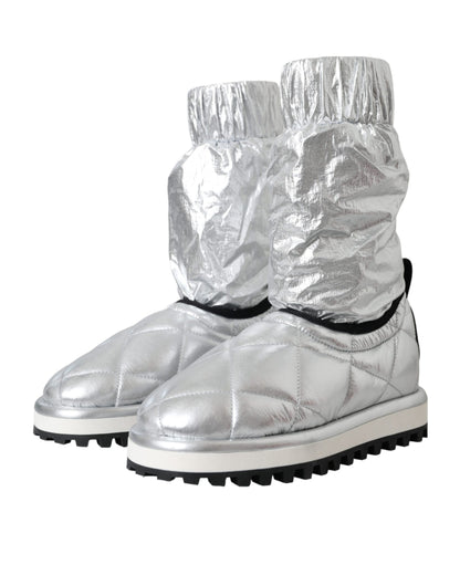 Dolce & Gabbana Metallic Silver Quilted Logo Patch Boot Shoes