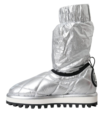 Dolce & Gabbana Metallic Silver Quilted Logo Patch Boot Shoes