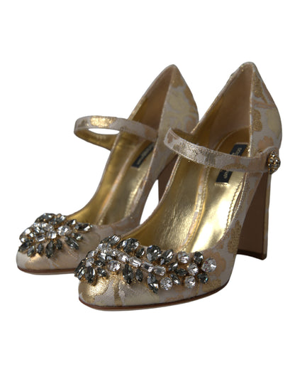 Dolce & Gabbana Gold Jacquard Crystal Mary Janes Pumps Shoes