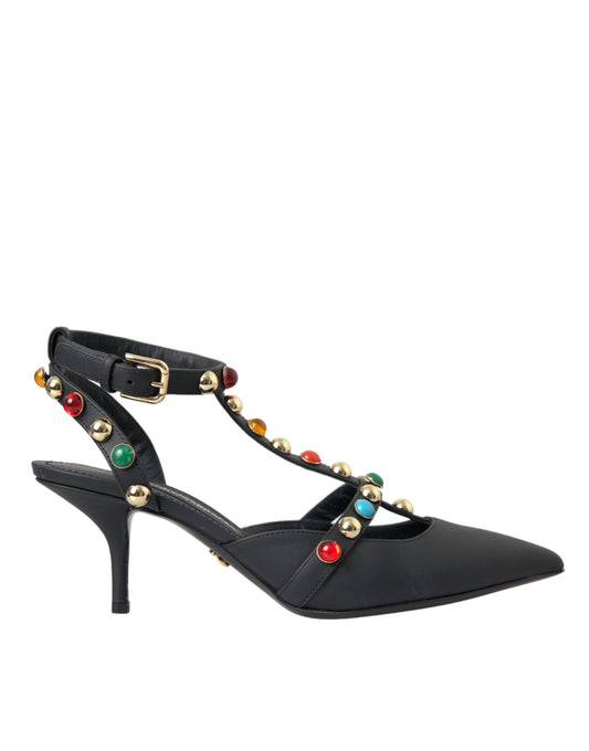 Dolce & Gabbana Black Leather Embellished Heels Sandal Shoes