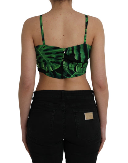 Dolce & Gabbana Black Green Leaf Silk Halter Cropped Top