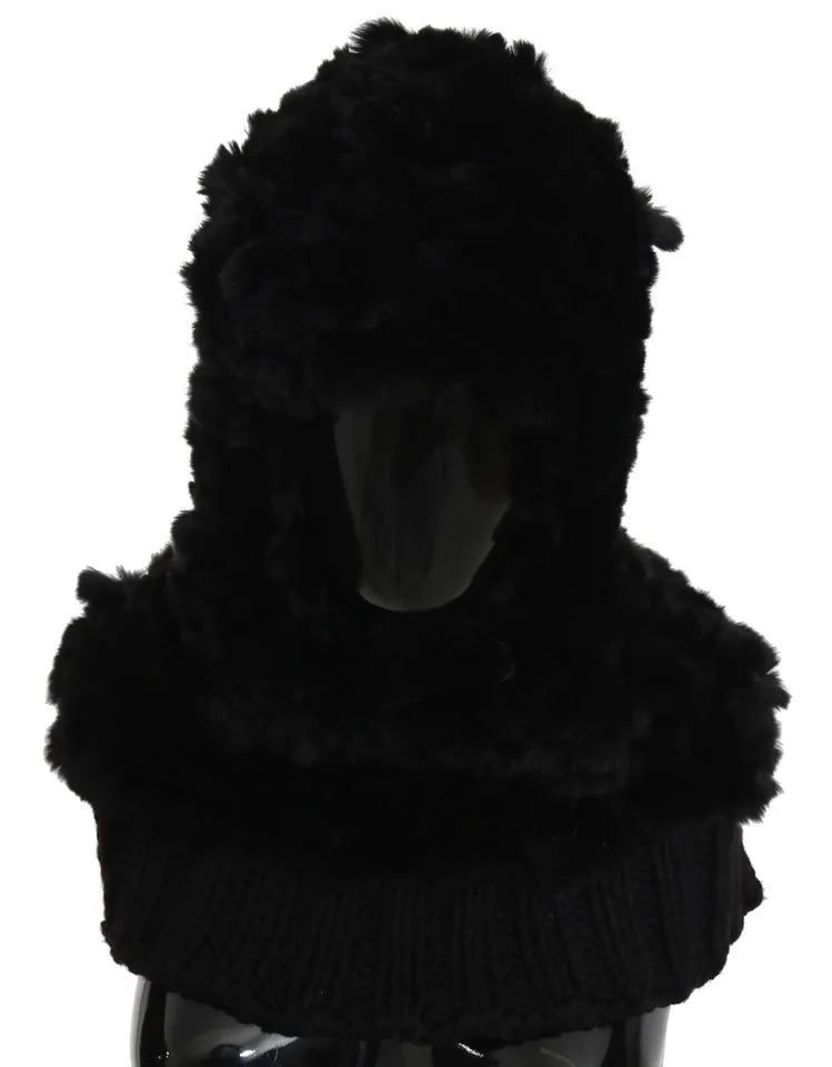 Dolce & Gabbana Black Silver Fox Fur Cashmere Hooded Scarf