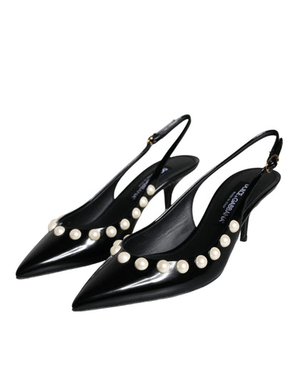 Dolce & Gabbana Black Leather Faux Pearl Heel Slingback Shoes