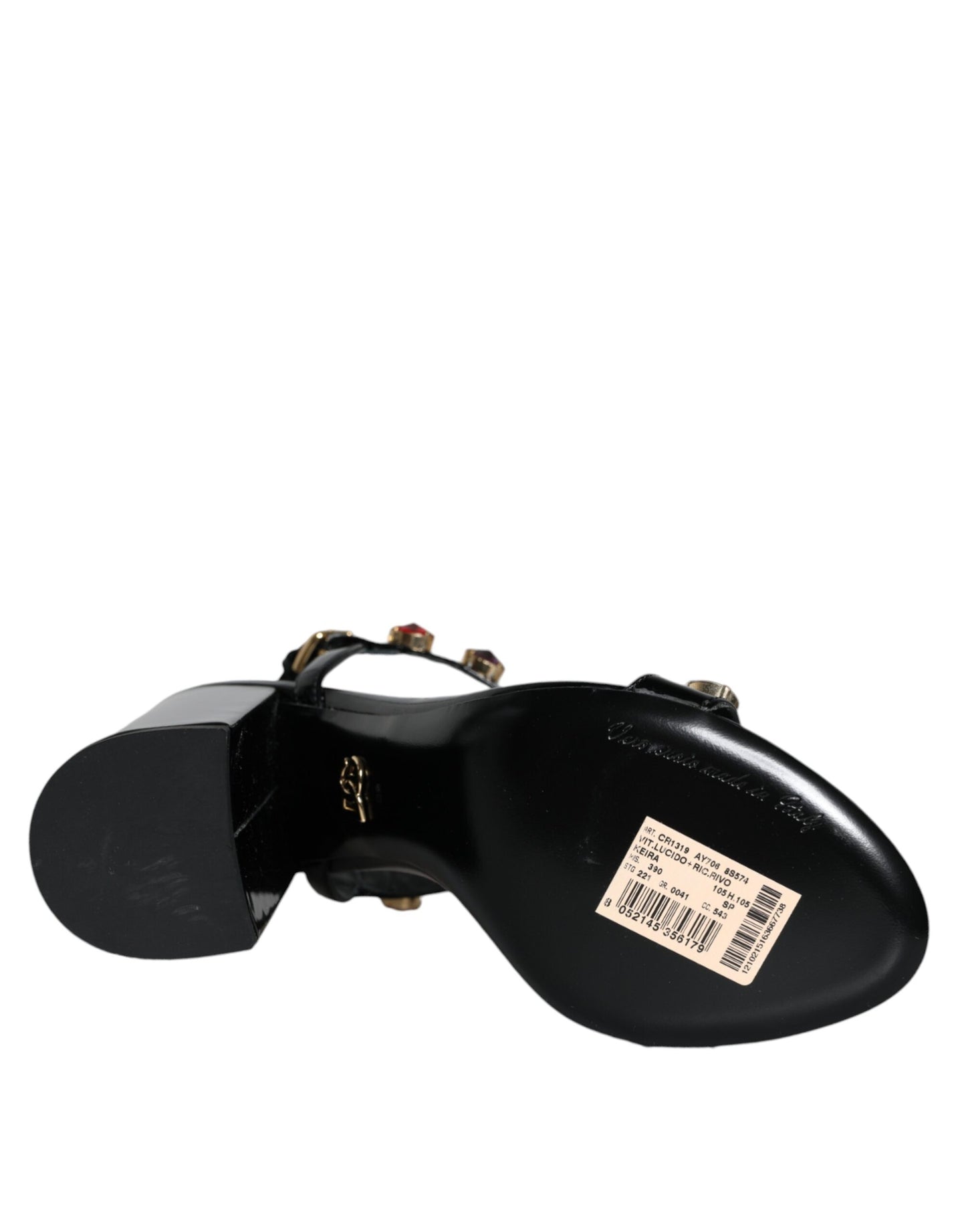 Dolce & Gabbana Black Crystal Leather T-strap Sandals Shoes