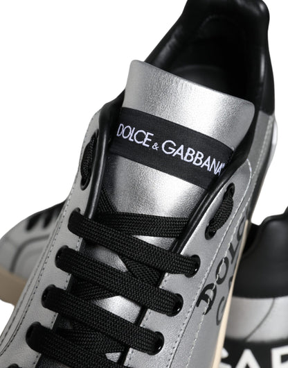 Dolce & Gabbana Silver Portofino Calf Leather Sneakers Shoes