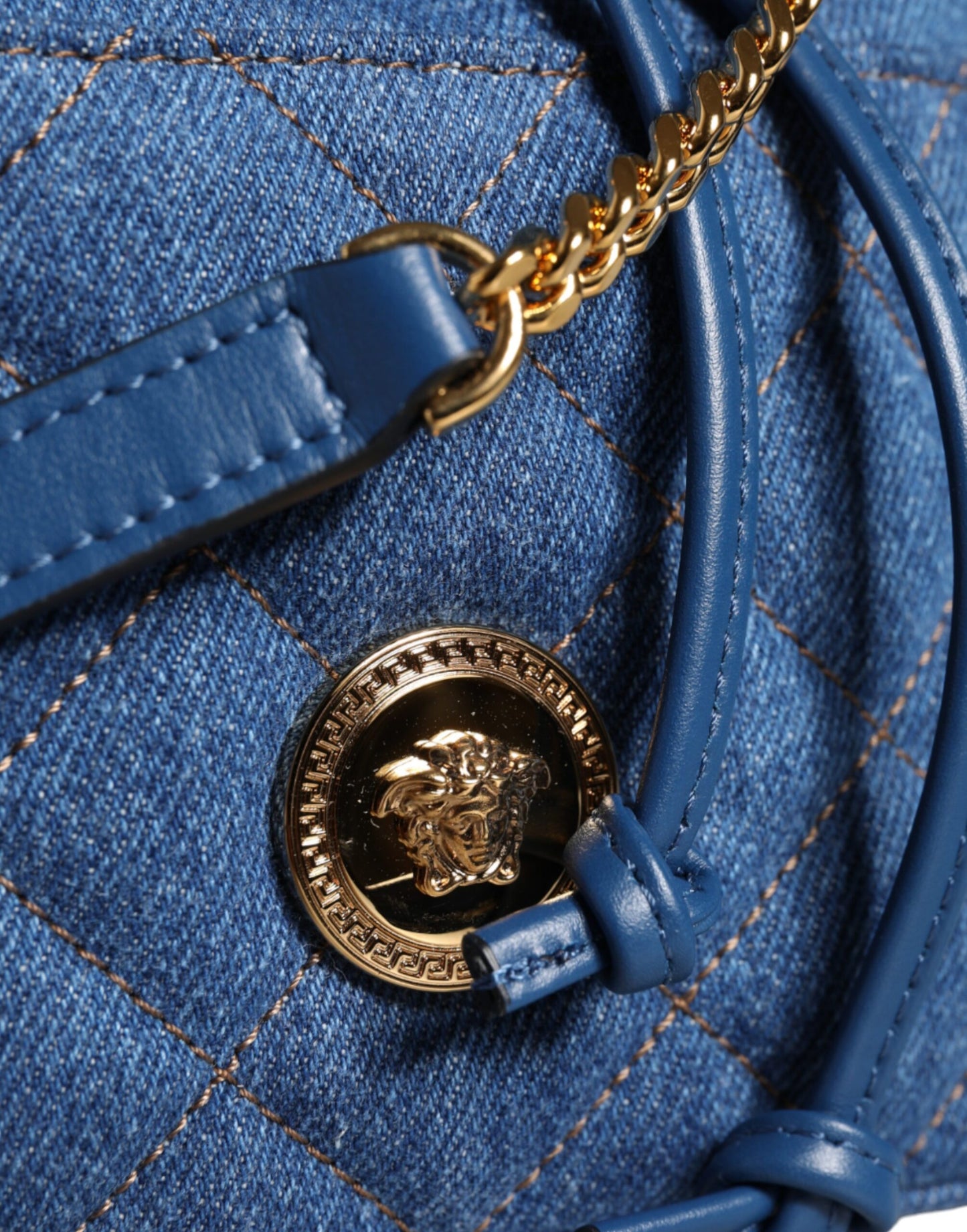 Versace Blue Quilted Denim Leather Crossbody Shoulder Bag