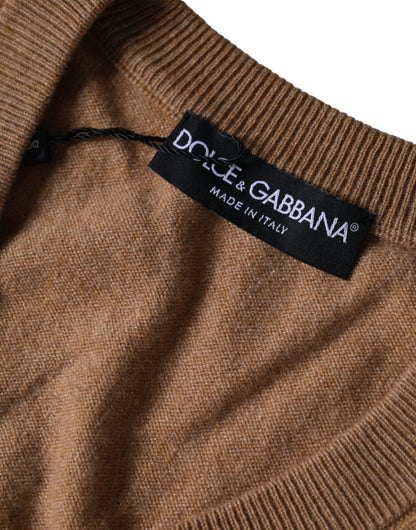 Dolce & Gabbana Brown Cashmere Knit V-neck Pullover Sweater