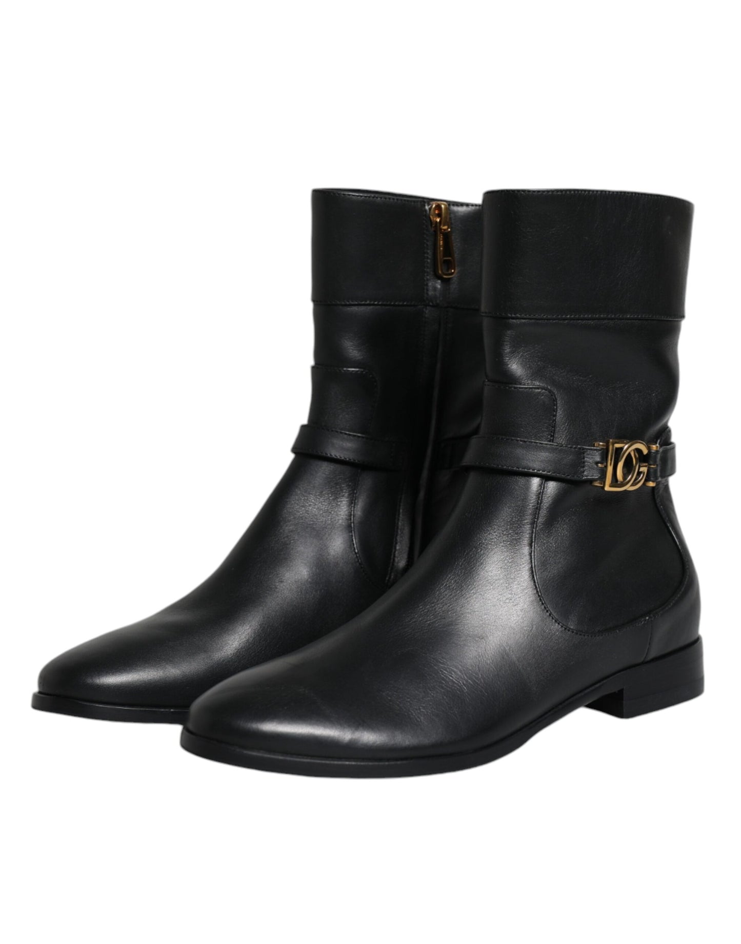 Dolce & Gabbana Black Leather Logo Mid Calf Boots Shoes