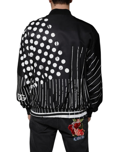 Dolce & Gabbana Black Polka Dot Stripe Nylon Bomber Jacket