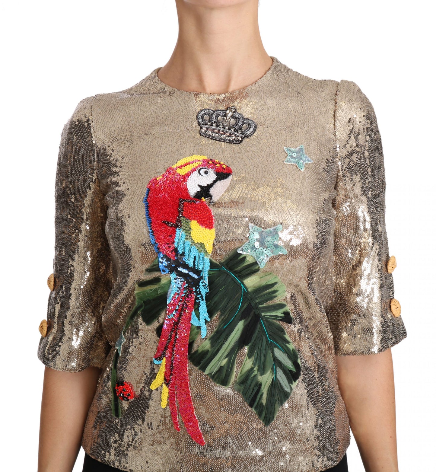 Dolce & Gabbana Gold Parrot Motif Crewneck Blouse with Crystals